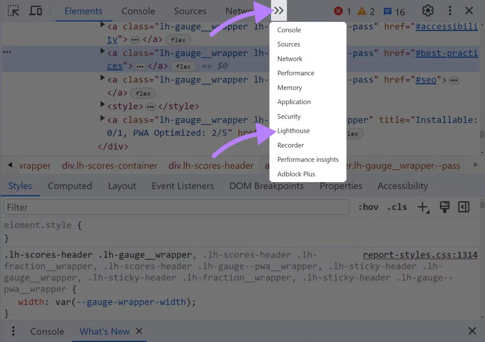 منوی chrome dev tools و انتخاب ابزار Lighthouse