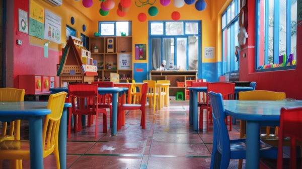 تصویر یک کلاس با صندلی‌های رنگی