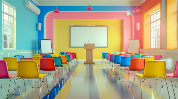 تصویر یک کلاس درس با صندلی‌های رنگی