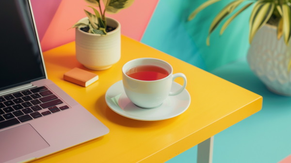 تصویر یک فنجان چای کنار گلدان و لپ‌تاپ روی میز