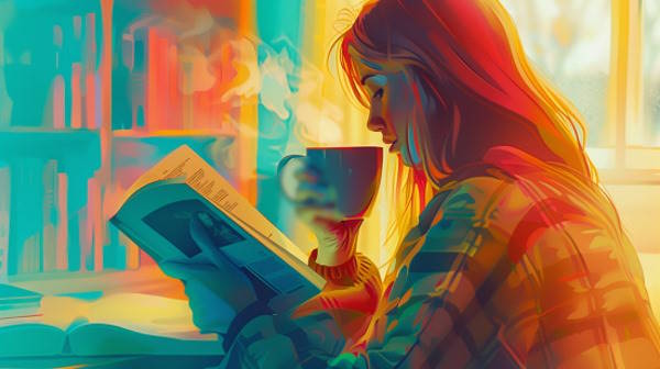 تصویر دختری که فنجانی در دست دارد و کتابی می‌خواند.
