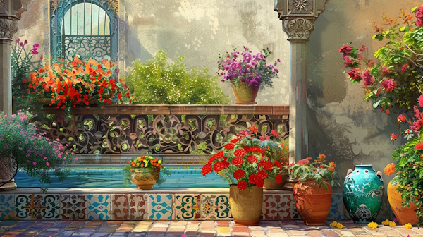 گلدان های سنتی ایرانی با گل های رنگارنگ در یک خانه قدیمی ایرانی همراه با حوض آب 