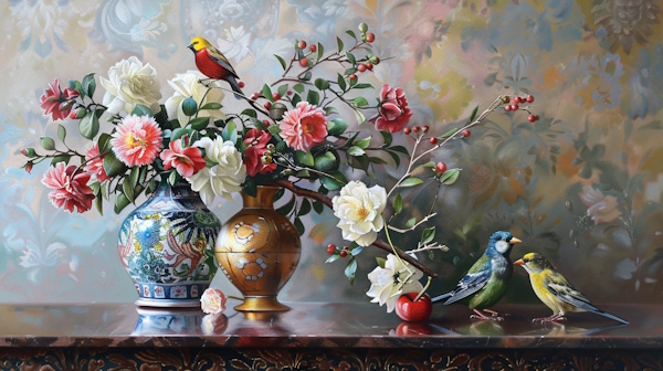 دو گلدان ایرانی پر از گل و سه پرنده روی میز چوبی