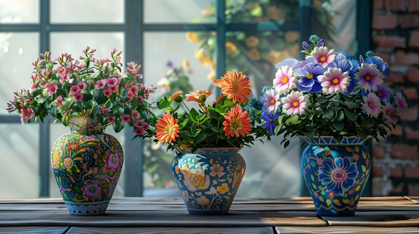 سه گلدان ایرانی پر از گل روی میز چوبی قرار گرفته اند - واژه مرکب چیست
