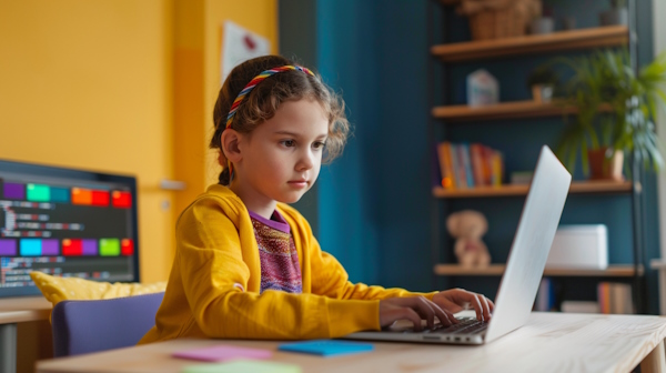 دختر بچه ای در حال برنامه نویسی در لپتاپ خود