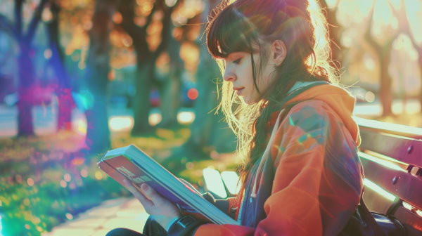 تصور دختری در حال مطالعه در پارک