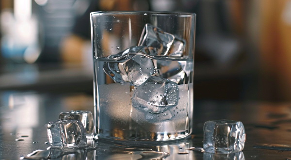 تصویری از یخ و آب داخل یک لیوان که یخ در حال ذوب شدن است.