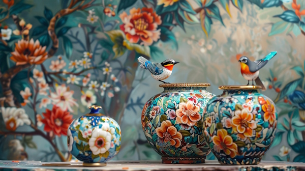چند گلدان ایرانی با طرح سنتی گل روی میز و پرنده هایی که روی گلدان ها نشسته اند - ترکیب اضافی چیست