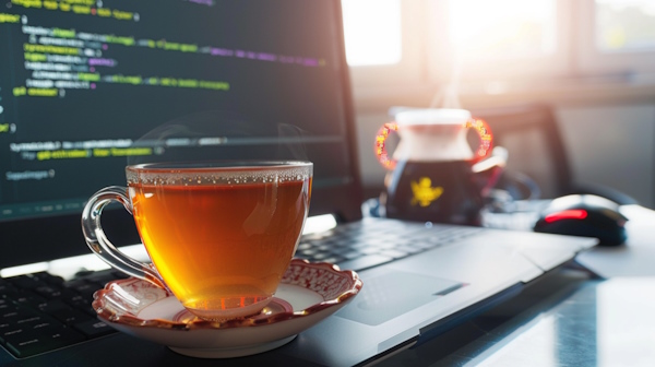 فنجان چای داغ و کدهای درون لپتاپ - گوگل کولب