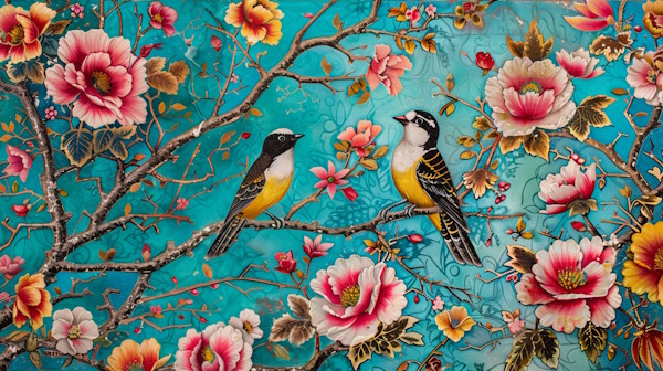 پرنده ها و گلهای زیبا با پس زمینه کاشی ایرانی-واژه چیست