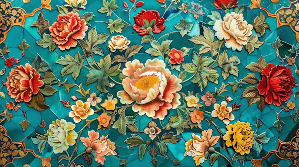 گلهای زیبا با حاشیه کاشی فیروزه ای ایرانی-محل اعرابی شامل چیست