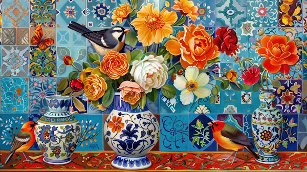 پرندگان و گلدانهای پر از گل روی کاشی ایرانی-اسم جامد و اسم مشتق چیست