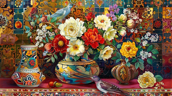 گلدانهای پر از گل و پرندگان روی کاشی ایرانی