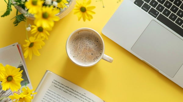 تصویبر لپ‌تاپ و یک فنجان قهوه روی میز کنار کتاب
