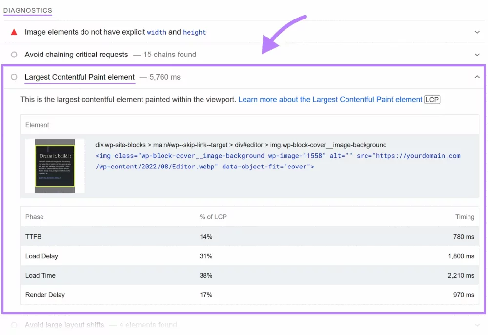 نمایش عنصر LCP در ابزار Pagespeed Insights