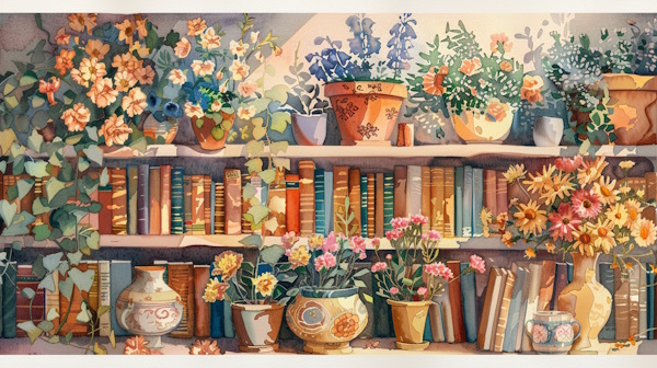 قفسه هایی پر از کتاب و گل ها و گلدان هایی که در کنار کتاب ها قرار گرفته اند