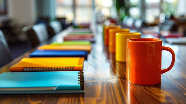 تصویر چند ماگ رنگی کنار دفترچه‌های رنگی روی میز
