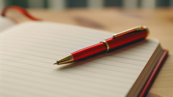 تصویر یک خودکار قرمز روی یک دفترچه