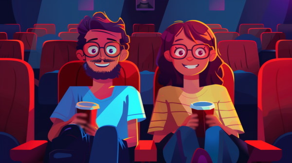 تصویر دو نفر که در سینما نشسته‌اند.