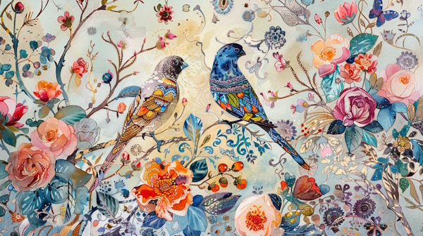 دو پرنده در باغ گل و روی شاخه های درخت نشسته اند