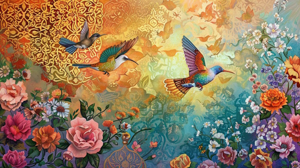 سه پرنده در حال پرواز در آسمان با زمینه گل و نقوش سنتی ایرانی - صرف فعل ماضی و مضارع عربی