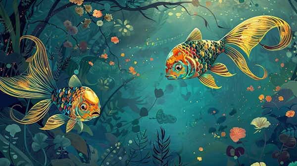 دو ماهی در حال شنا در برکه با زمینه گل و شاخه درخت و نقوش سنتی - ترکیب اضافی چیست