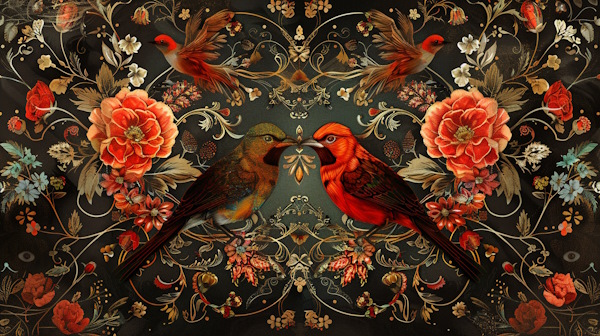 دو پرنده رو به روی هم با پس زمینه گل ها و نقوش سنتی ایرانی - هجا چیست