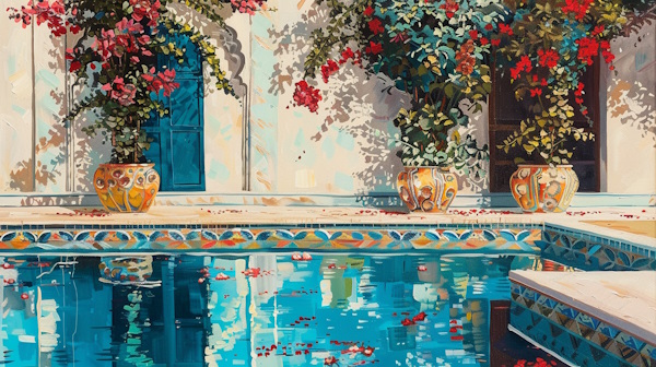 گلدان های سنتی پر از گل در یک خانه قدیمی ایرانی و در کنار حوض آب قرار گرفته اند