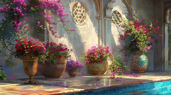 چند گلدان سنتی پر از گل در یک خانه قدیمی ایرانی و در کنار حوض قرار گرفته اند