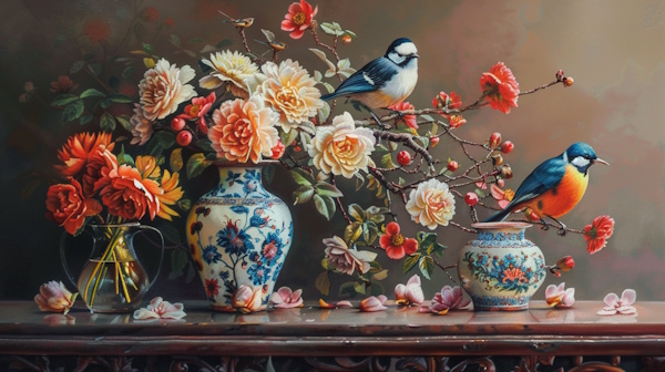 چند گلدان ایرانی پر از گل روی میز چوبی با دو پرنده که روی گل ها نشسته اند - هجا چیست
