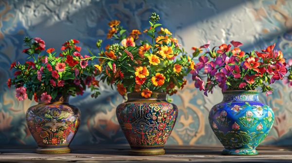 سه گلدان پر از گل با نقوش سنتی ایرانی روی میز چوبی - تفاوت غزل و قصیده چیست