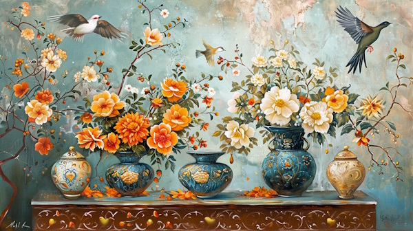 چند گلدان ایرانی پر از گل روی میز قدیمی با پرنده هایی که بالای گلدان ها پرواز می کنند - واژه مرکب چیست