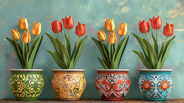 چهار گلدان سنتی ایرانی پر از گل لاله روی میز چوبی قرار گرفته اند 