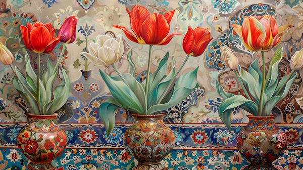 سه گلدان ایرانی پر از گل لاله با پس زمینه کاشی های سنتی ایرانی - ترکیب اضافی چیست