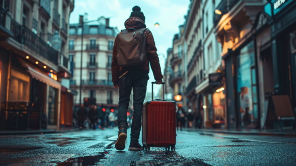 تصویر پسری با چمدان در خیابان