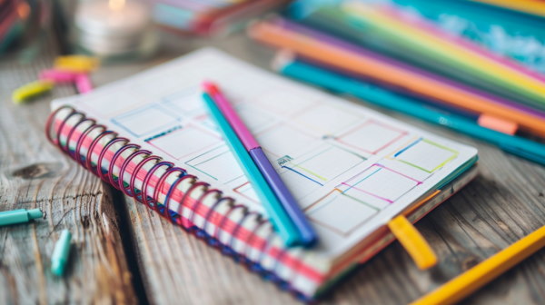 تصویر یک دفتر با چند مداد رنگی روی آن