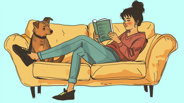 تصویر فردی که روی مبلی نشسته است و کتابی می‌خواند.