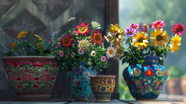 چند گلدان با نقوش سنتی ایرانی و گل هایی که در گلدان ها قرار گرفته اند