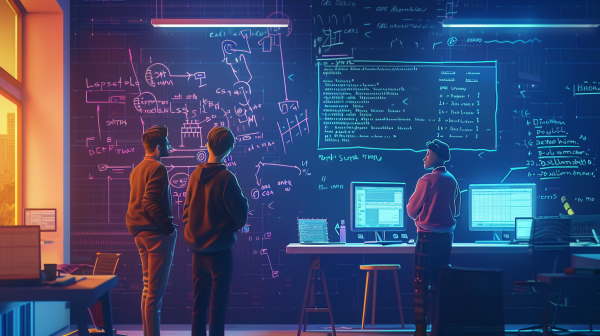 سه نفر مهندس در حال تفکر بر روی اطلاعات رسم شده بر روی تخته سیاه هستند.