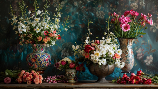 چند گلدان سنتی پر از گل روی میز چوبی قرار گرفته اند