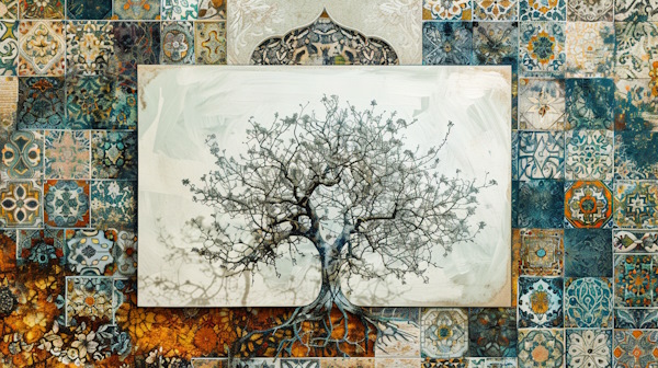طرح یک درخت در کادر سفید با پس زمینه کاشی های ایرانی و نقوش سنتی - صنایع ادبی