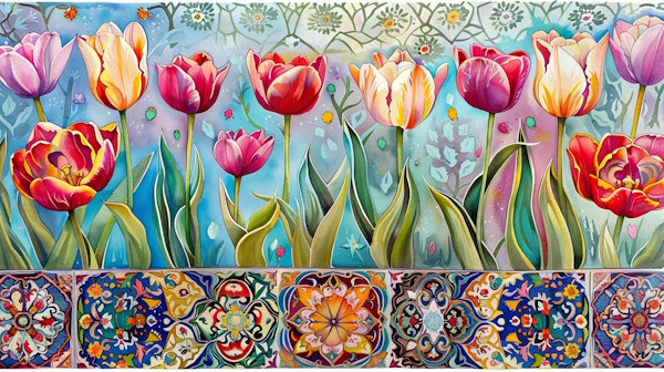 چند شاخه گل لاله با زمینه کاشی های سنتی ایرانی - اسم جمع در فارسی