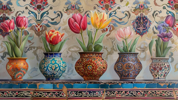 چند گلدان ایرانی پر از گل لاله روی کاشی ایرانی با پس زمینه نقوش سنتی