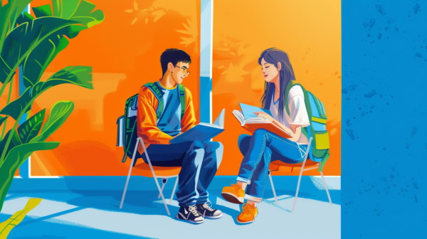 تصویر دو دانش‌آموز که با هم درس می‌خوانند.