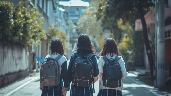 تصویر سه دانش‌آموز در حال قدم زدن با لباس فرم مدرسه