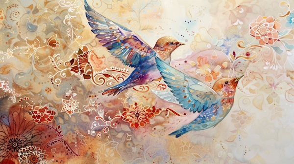 دو پرنده در آسمان و در حال پرواز با پس زمینه ای از گل ها و نقوش سنتی ایرانی