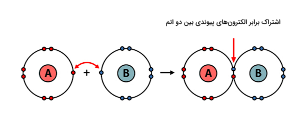 دو ذره با هسته آبی و قرمز و علامت A و B به هم دیگر برای تشکیل پیوند نزدیک می‌شوند.