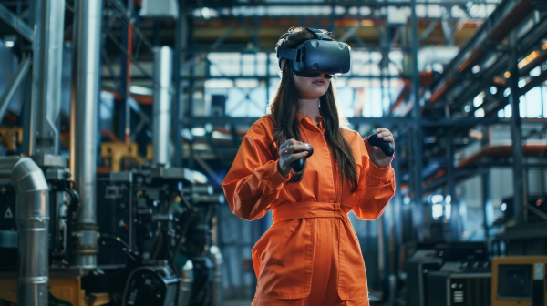 زنی با لباس نارنجی در کارخانه ایستاده و از عینک واقعیت مجازی استفاده می کند 
