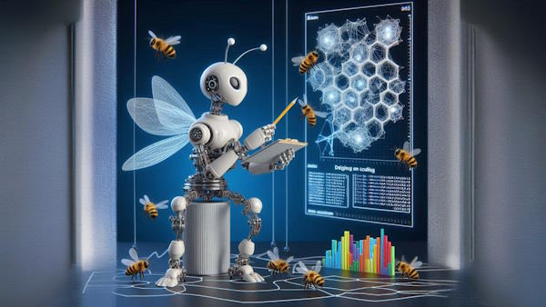 ربات هوش مصنوعی در حال طراحی لانه زنبور است و چندین زنبور در اطراف آن وجود دارند - الگوریتم های فراابتکاری