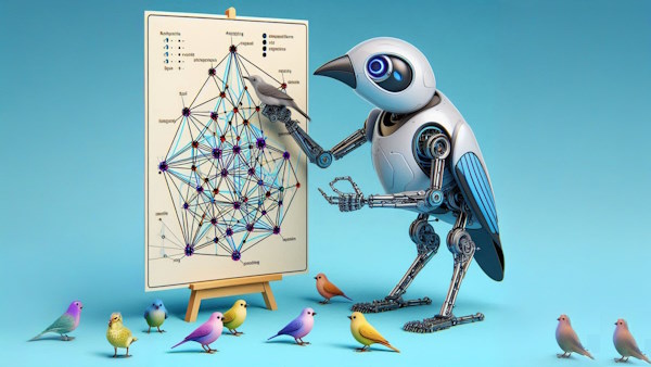 ربات پرنده در حال طراحی الگوریتم است و چندین پرنده در اطراف آن وجود دارد